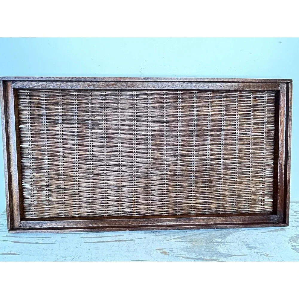 Vintage Deep Brown Rectangular Wicker Rattan And Wooden Serving Breakfast Tray